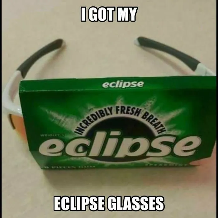 Sunglasses modified with an Eclipse gum pack taped to the front in a hilarious rednecks meme.