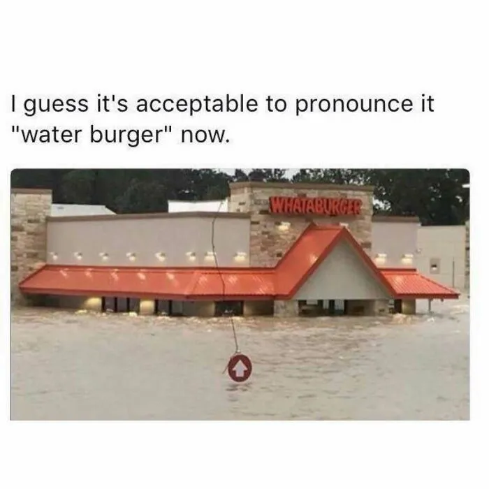 A flooded Whataburger restaurant in a funny rednecks meme about water burger.