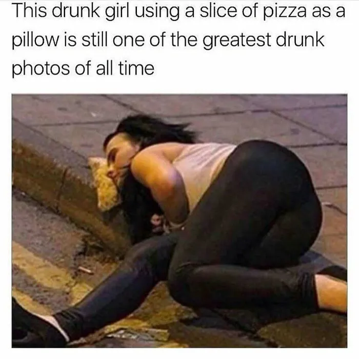 Rednecks memes showing a woman sleeping on the street with a pizza slice as a pillow.
