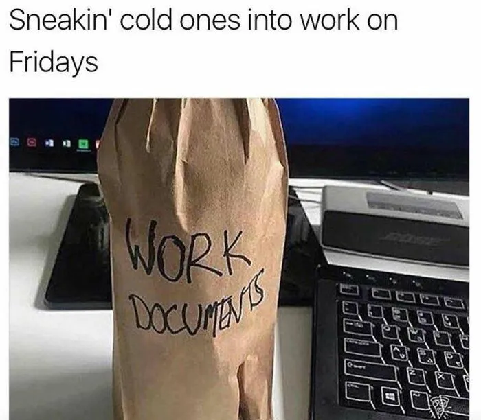 Funny redneck memes depicting a paper bag labeled WORK DOCUMENTS covering a beverage bottle at a desk.