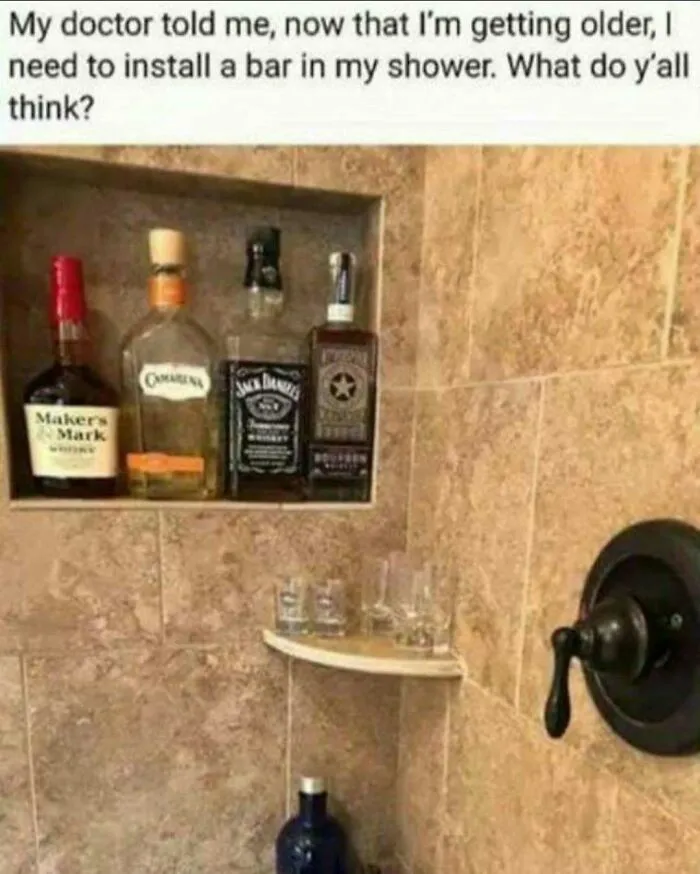 A shower shelf filled with liquor bottles from a collection of hilarious redneck memes.