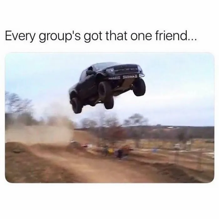 Hilarious redneck memes showing a black pickup truck leaping high into the air over a dirt track.