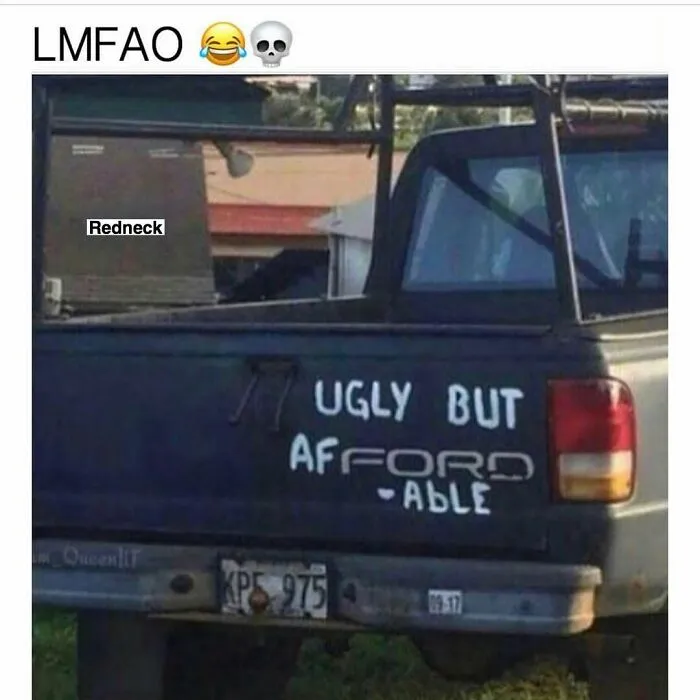 Rear of a pickup truck with custom lettering reading ugly but afford-able in a rednecks meme.