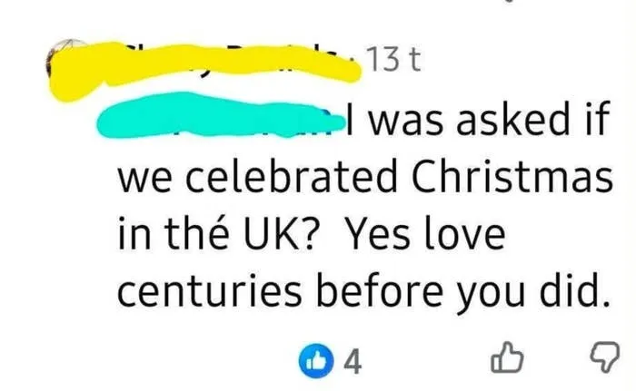 Text post about celebrating Christmas in the UK showing freedom of speech online.