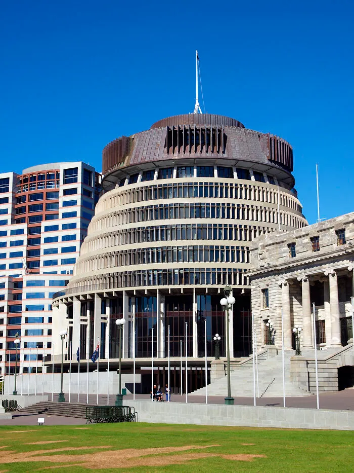 The Beehive in Wellington displays bizarre shapes of parliamentary architecture