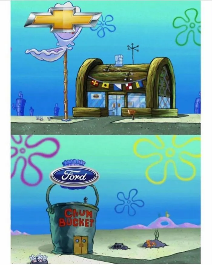 A redneck memes visual comparing Chevrolet to the Krusty Krab and Ford to the Chum Bucket from SpongeBob.