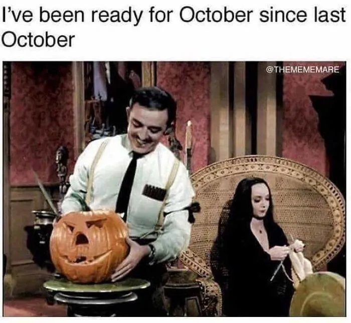 Spooky Halloween memes showing Gomez and Morticia Addams carving a jack-o-lantern.