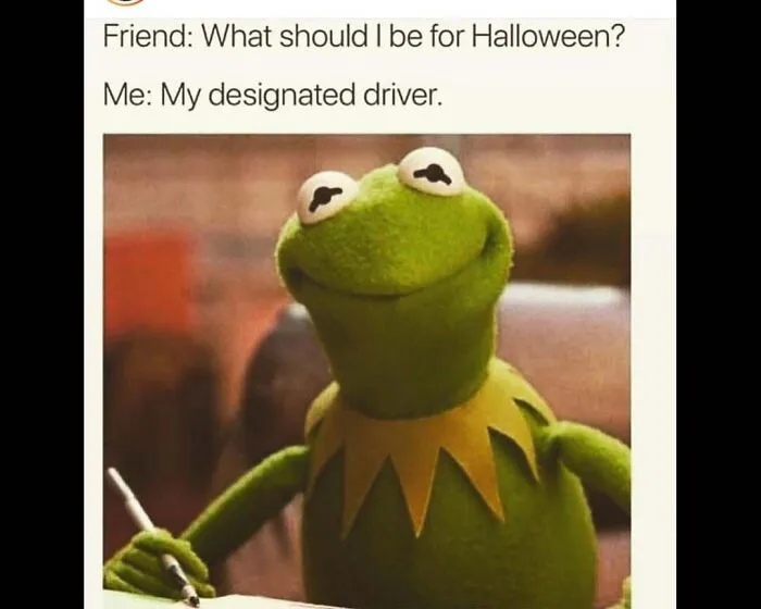 Funny Halloween memes featuring Kermit the Frog smiling while holding a pen.