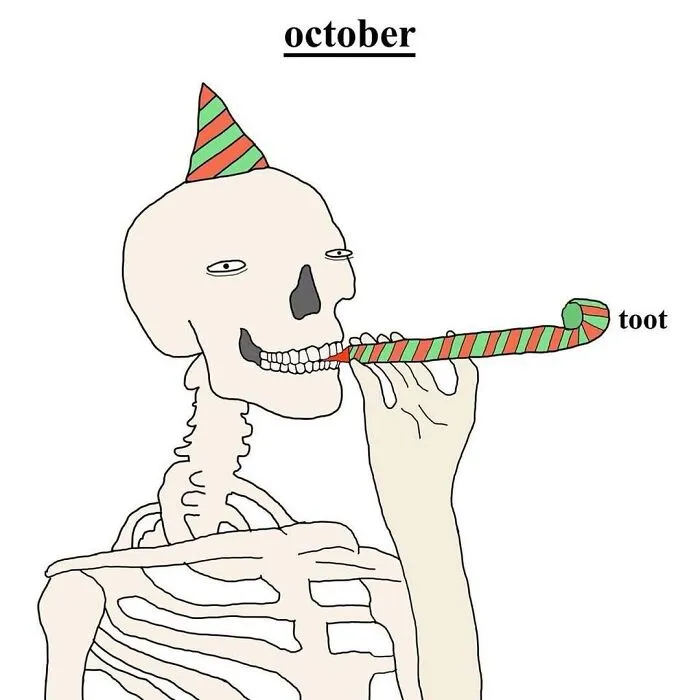 Illustration of a skeleton wearing a party hat blowing a noisemaker for October Halloween memes.