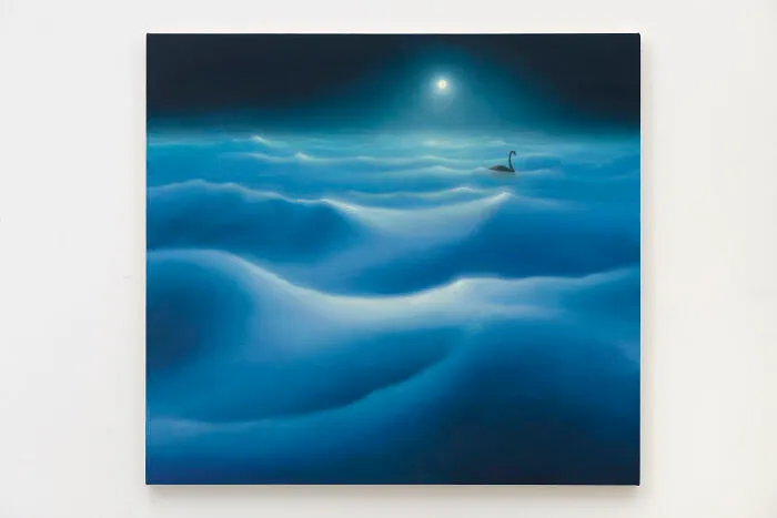 Sarah Lee painting depicting black swan on blue waves under moonlight
