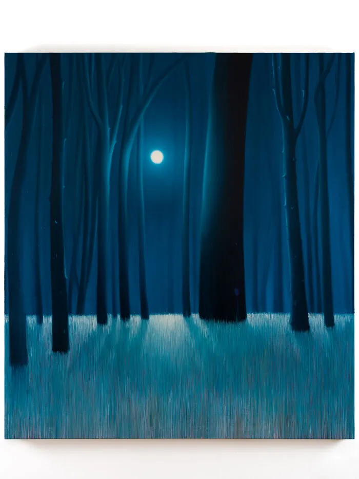 Moonlit forest with tall trees and glowing grass at night by Sarah Lee