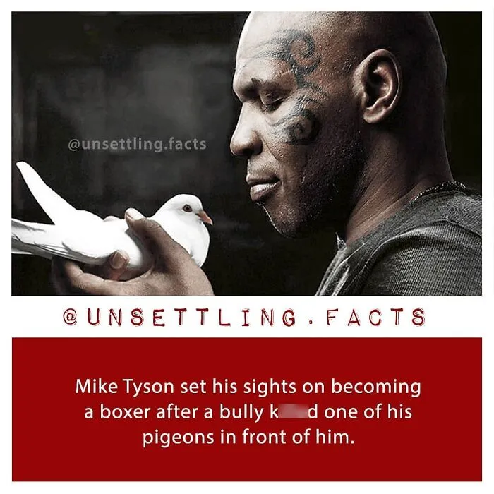 Mike Tyson holding a white pigeon representing creepy and unsettling facts from his childhood