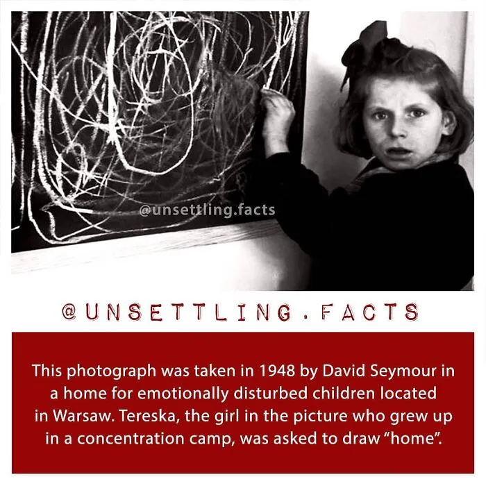 A little girl drawing chaotic lines on a blackboard, representing creepy and unsettling facts.