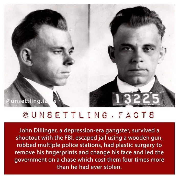 Black and white mugshot of John Dillinger, highlighting creepy and unsettling facts about his criminal past.