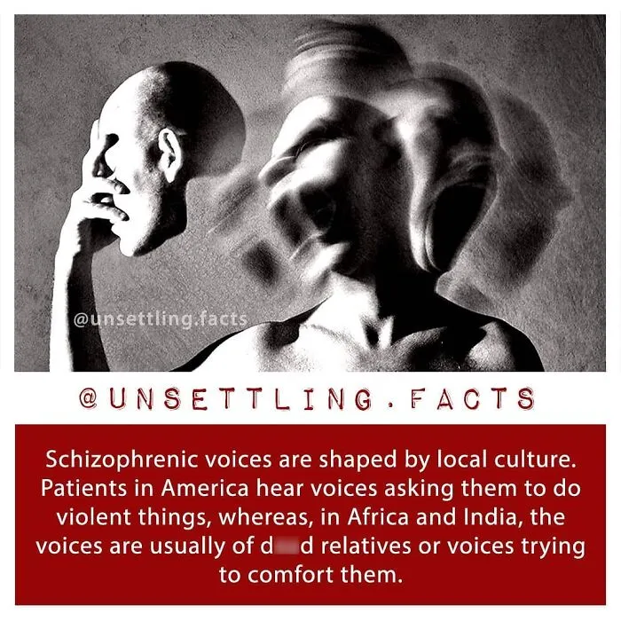 A creepy illustration depicting multiple distorted faces representing schizophrenic voices