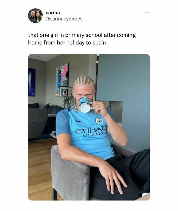 British meme of a primary school kid after holiday to Spain sipping tea
