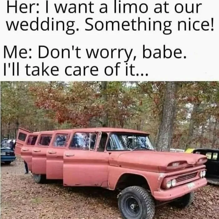 Rednecks meme showing an elongated pink truck built to look like a homemade limousine.
