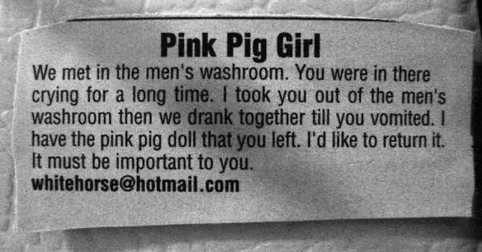 A vintage missed connection personal ad titled Pink Pig Girl seeking to return a lost doll.