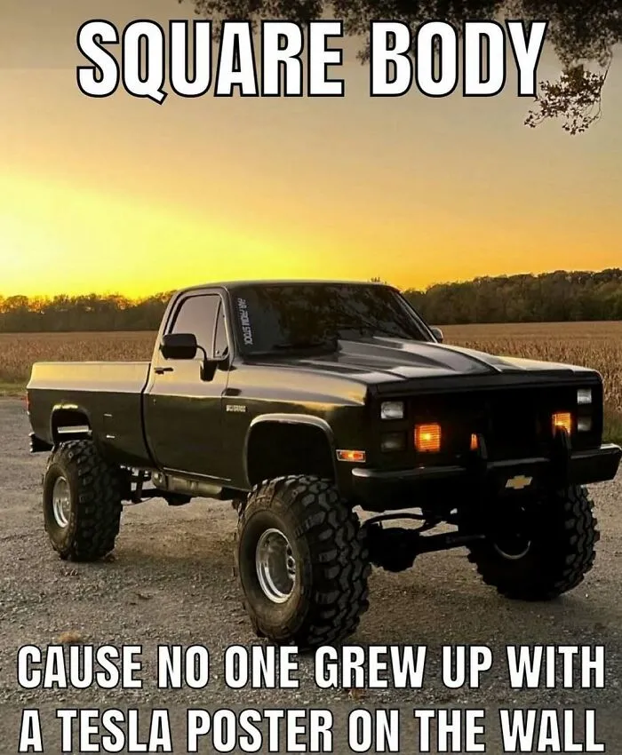 Rednecks meme featuring a black lifted Chevrolet square body pickup truck parked outdoors at sunset.