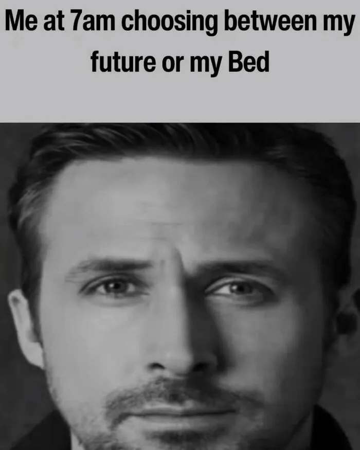 A close-up of Ryan Gosling staring blankly used as a funny dark humor meme about waking up.