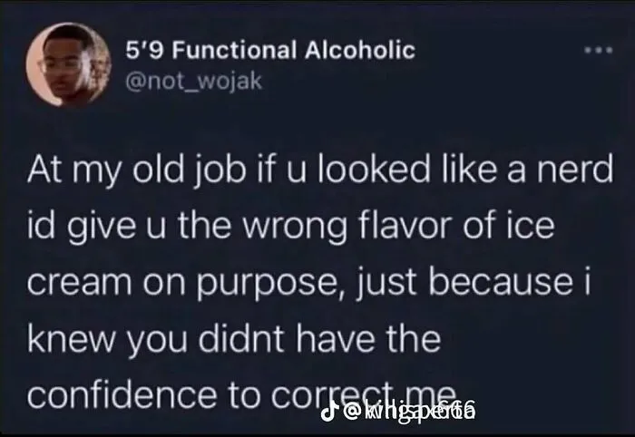 Petty workplace memes on a Twitter screenshot about giving the wrong ice cream flavor to nerds.