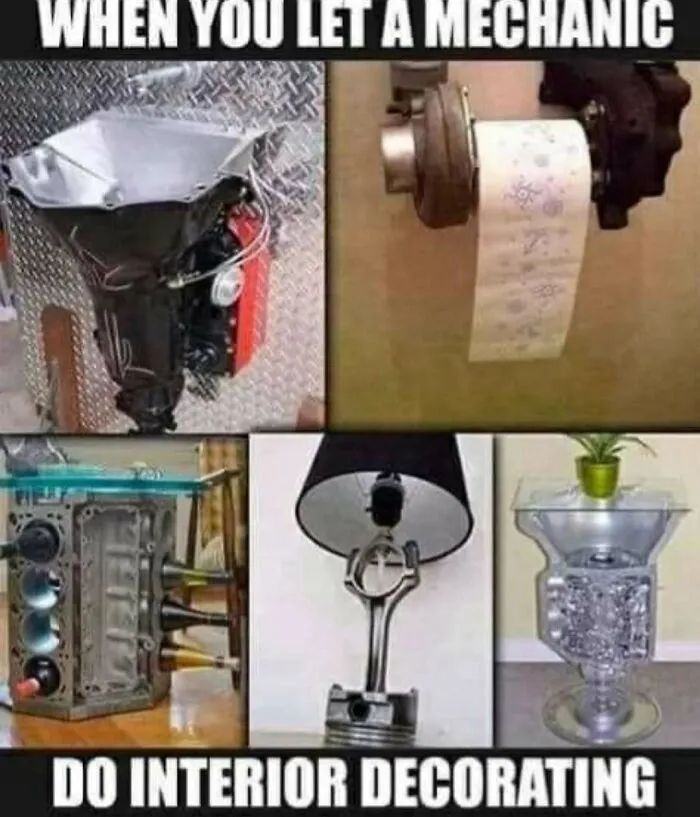Collage of car parts turned into household furniture representing funny redneck memes.