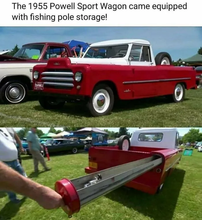 Classic 1955 Powell Sport Wagon with custom fishing pole tube storage in redneck memes