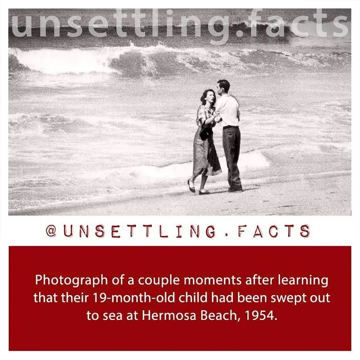 A couple on Hermosa Beach in 1954 grieving their swept-away child, presenting unsettling facts.
