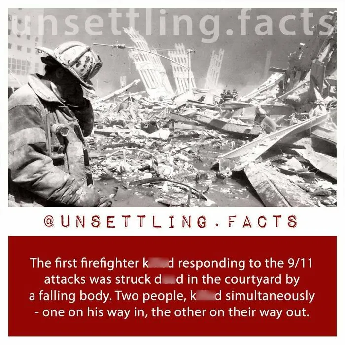 Debris of the World Trade Center with a fireman, representing creepy and unsettling facts.