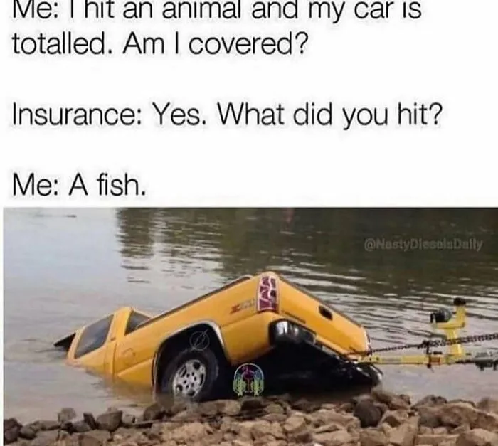A rednecks meme showing a yellow pickup truck submerged in water attached to a boat trailer.