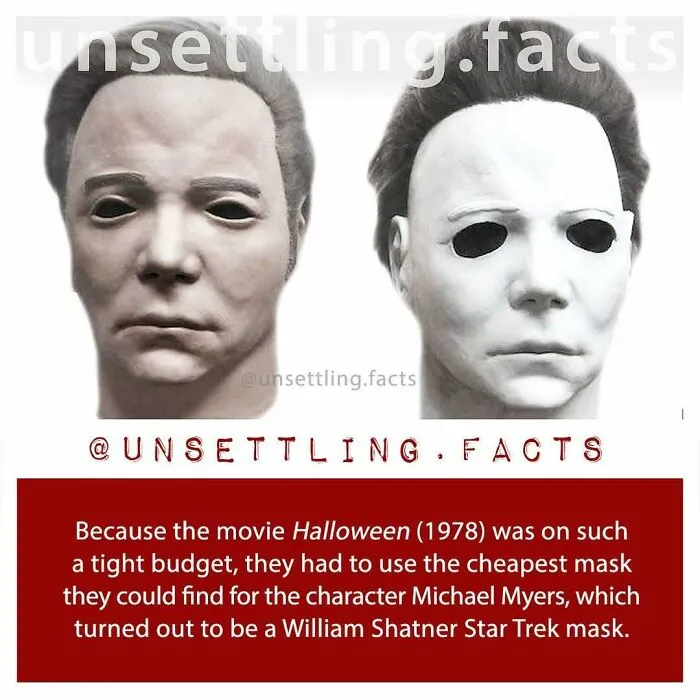 Side-by-side comparison of William Shatner and Michael Myers masks, showing creepy and unsettling facts about Halloween.