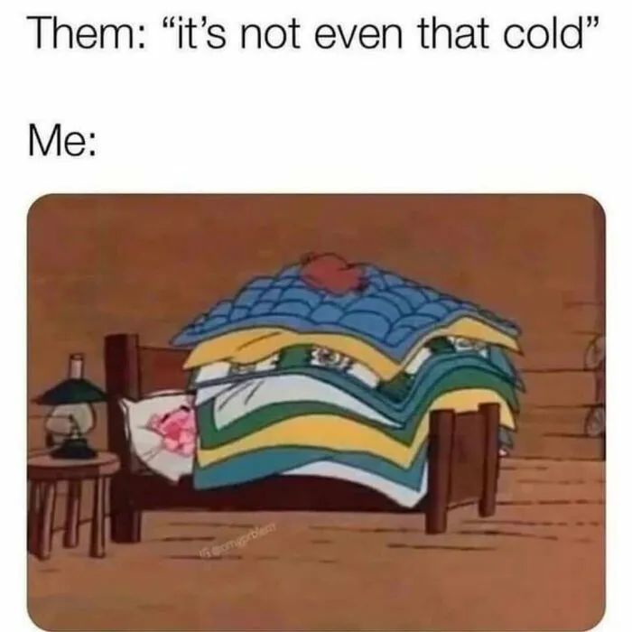An iconic character buried under blankets in a selection of funny random memes about winter