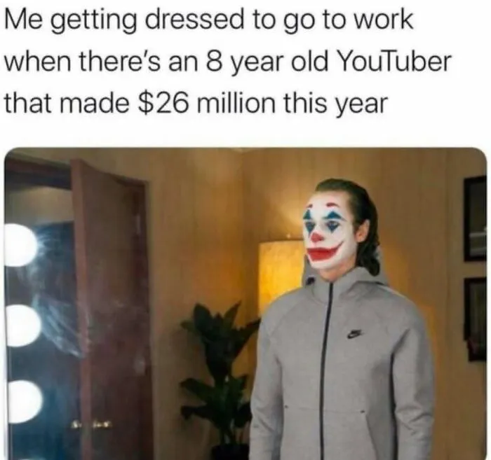 Relatable funny meme featuring Joker face makeup for sending memes to friends about working.