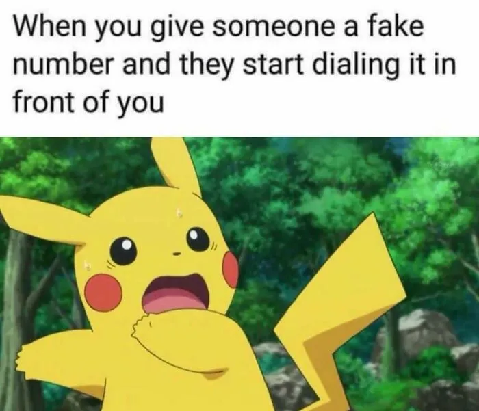 Surprised Pikachu meme about giving out a fake phone number to send memes to friends