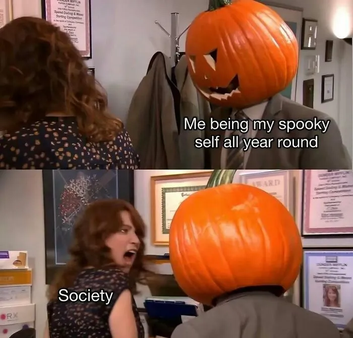 Dwight Schrute with a pumpkin head in an office setting, from spooky season memes