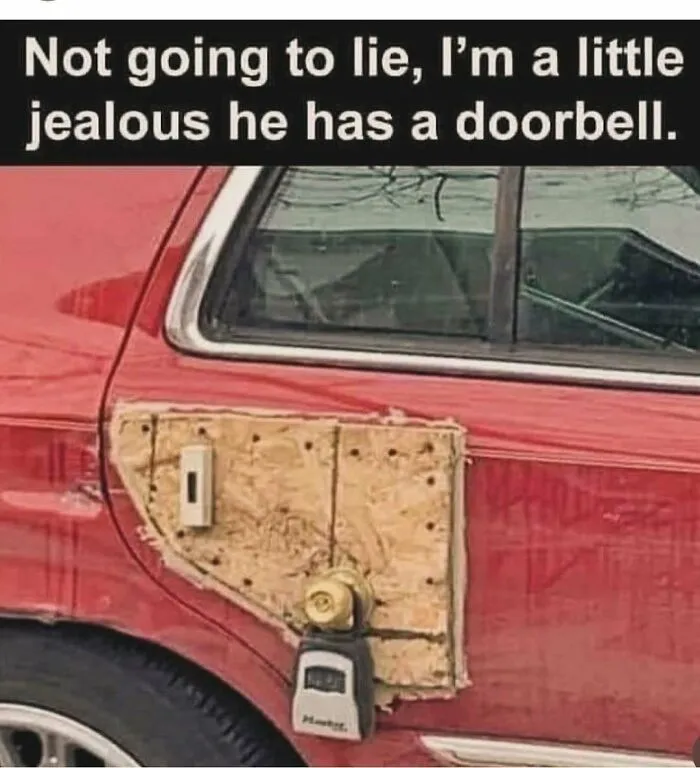 Funny redneck memes featuring a red car door modified with plywood, a doorknob, a lockbox, and a doorbell switch.