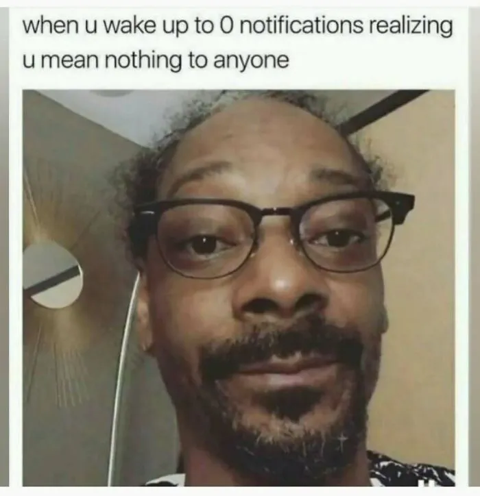 Meme of Snoop Dogg looking disappointed about zero notifications, a relatable random meme.