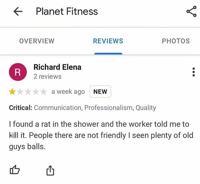 An unexpected product review complaining about a gym shower experience.