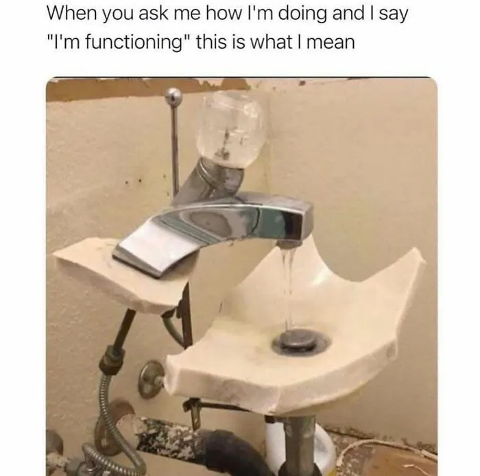 Broken sink still working representing bare minimum functioning to send memes to friends.
