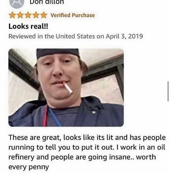 Funny product review showing a man using realistic fake cigarettes at an oil refinery, turning shopping into comedy.