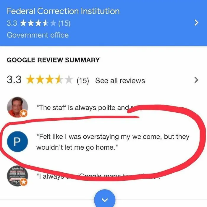 Google review joke about a correctional facility, adding comedy to product reviews and online feedback