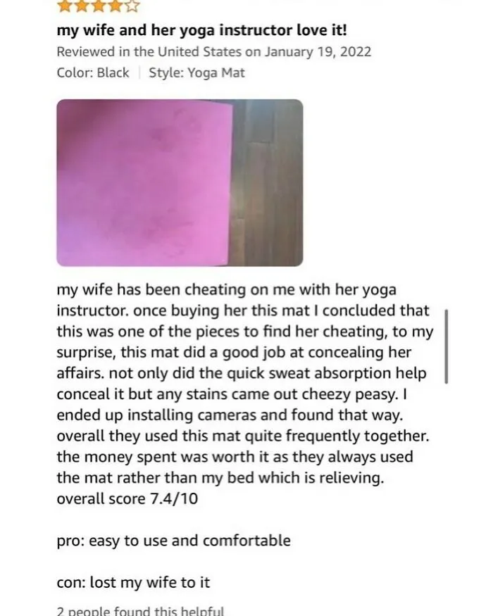 A funny product review for a yoga mat revealing an affair with an instructor