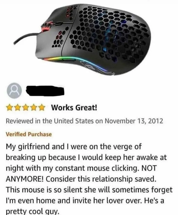 Funny product review for a silent computer mouse saving a relationship.