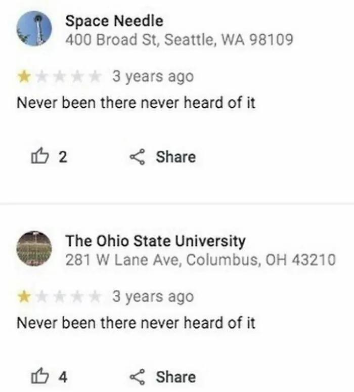 Confused product reviews with 1 star rating claiming never been there for Space Needle and Ohio State.