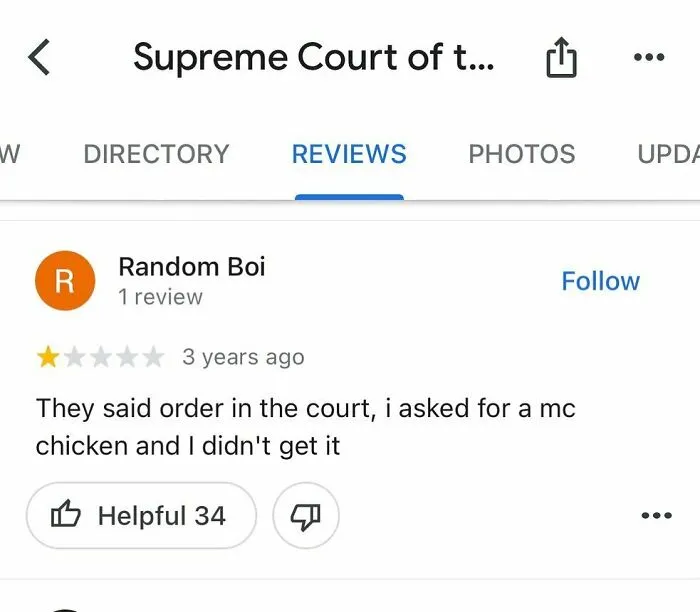 A comedy product review for the Supreme Court asking for food.