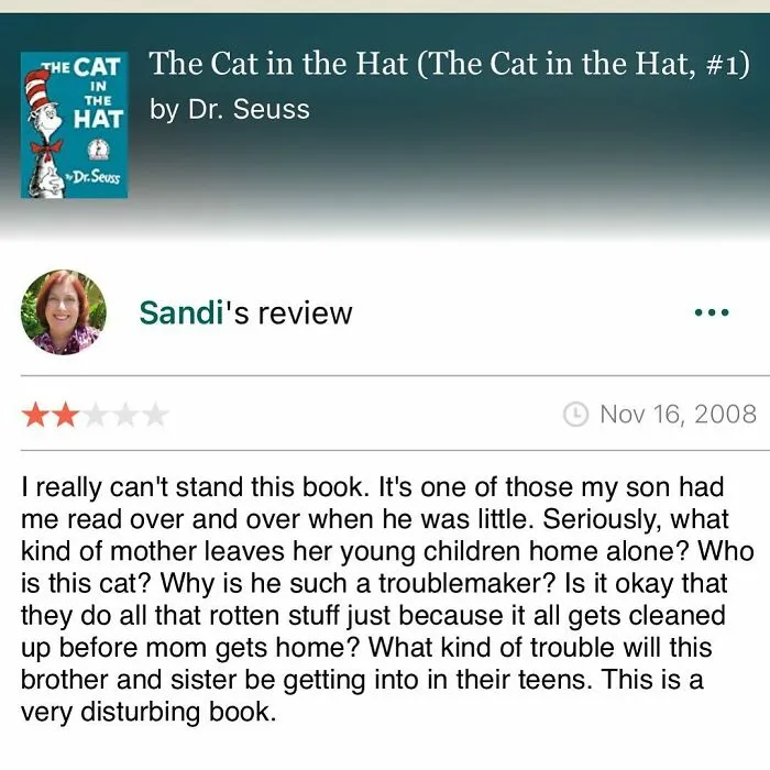 Funny review calling The Cat in the Hat a disturbing book, illustrating unexpected comedy in product reviews
