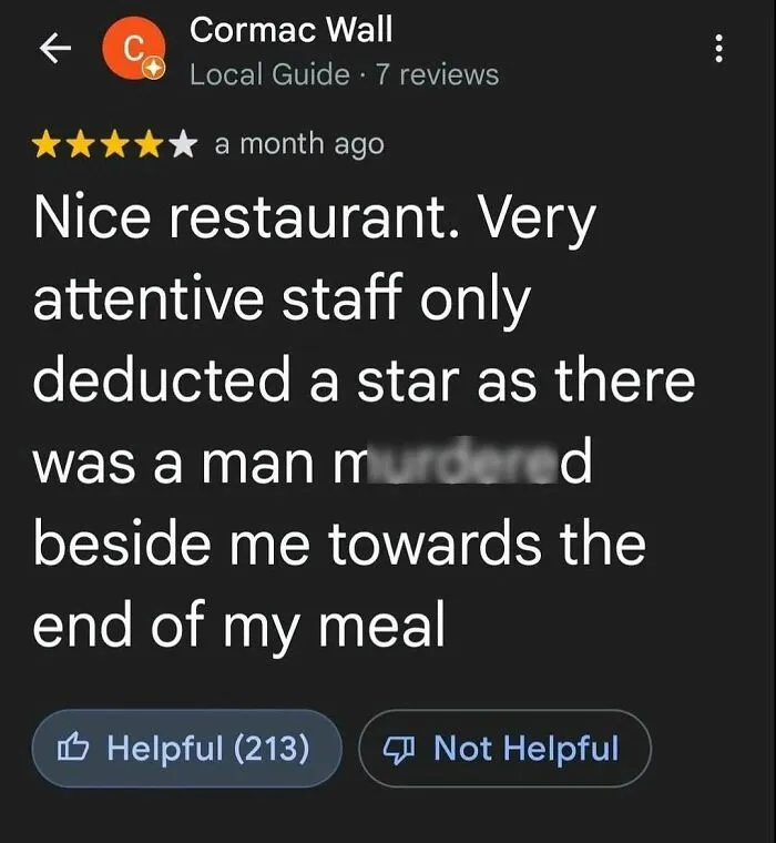 Four star restaurant review where customer mentions a murder, part of hilarious product reviews online.