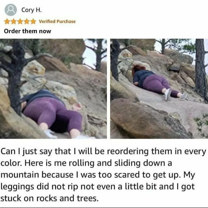 Unexpectedly funny product review showing durable leggings surviving a slide down a rocky mountain.