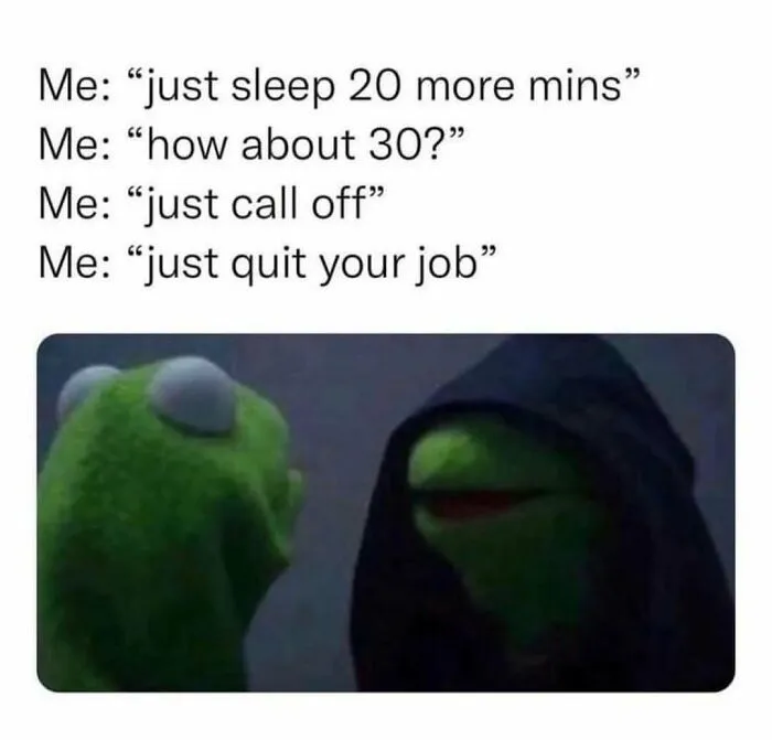 Funny Evil Kermit meme about oversleeping and quitting work to share sending memes to friends.