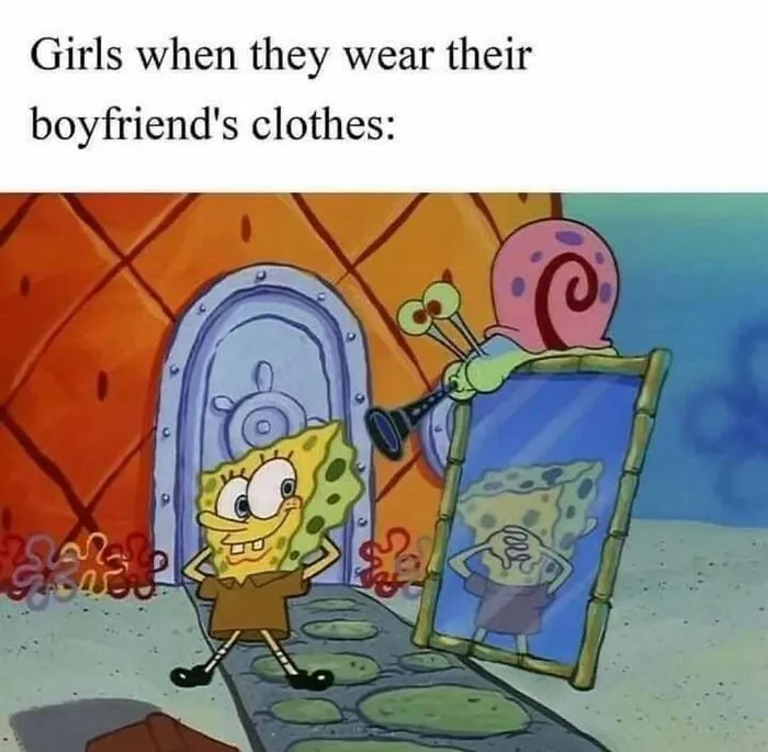 SpongeBob wearing oversized shirt meme to share when sending memes to friends.